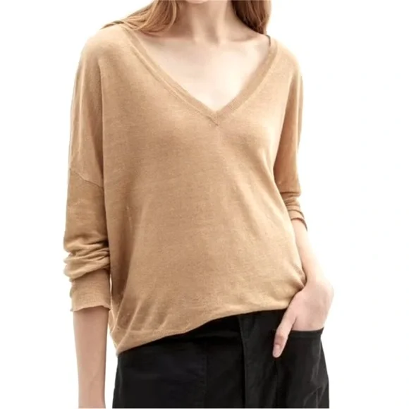 Nili Lotan Camel V-Neck Ginny Linen Sweater - Picture 3 of 12